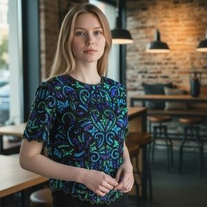 Vintage Blue & Green Peacock-Inspired Beaded Sequin Top | Lawrence Kazar | Tag S